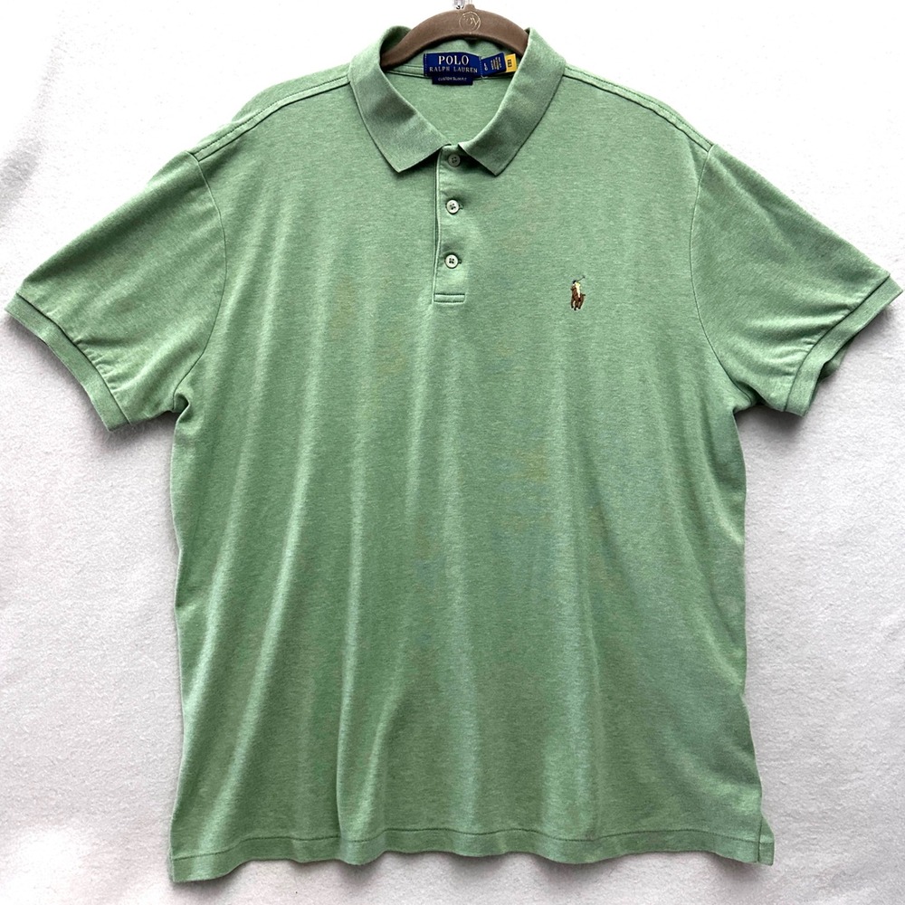 Polo Ralph Lauren Mens L Custom Slim Fit Flesh Pony Polo Shirt Green Heather SS